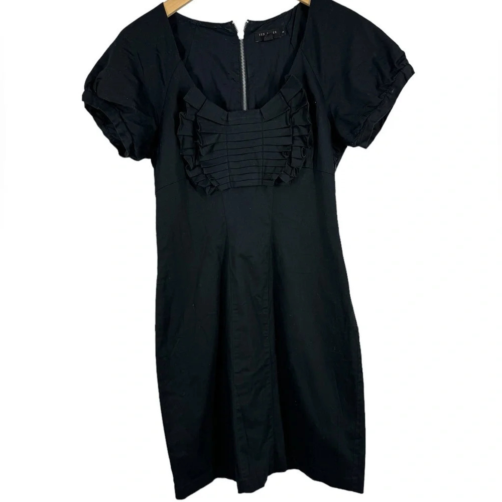 Ted Baker Pleated Pencil Dress Black Short Sleeve Knee Length 3 approx 10-12 US